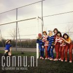 14-02-1980 Dolly Dots, Ria Brieffies, Angela Groothuizen, Anita Heilker, Angéla Kramers, Esther Oosterbeek and Patty Zomer at footballfield in Amsterdam, The Netherlands. Photo Govert de Roos/Connu